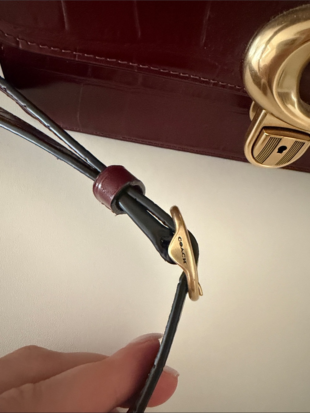 Coach Croc-Embossed Shoulder Bag in Burgundy with Gold Hardware - Picture 2 of 5